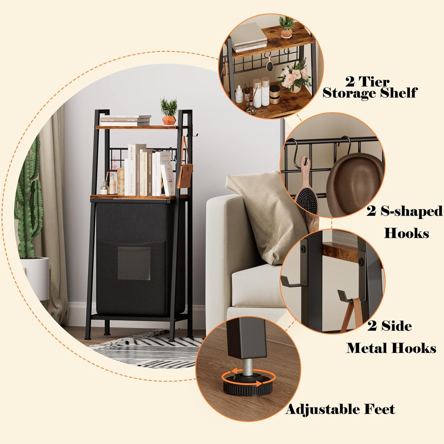 Furnulem Laundry Hamper, Vertical Laundry Basket with 2 Tiers Wooden Shelf and Hooks, Clothes Hamper with Pull-Out and Removable Bag for Bathroom, Bedroom, Dorm, 13.21 Gallons (50L)